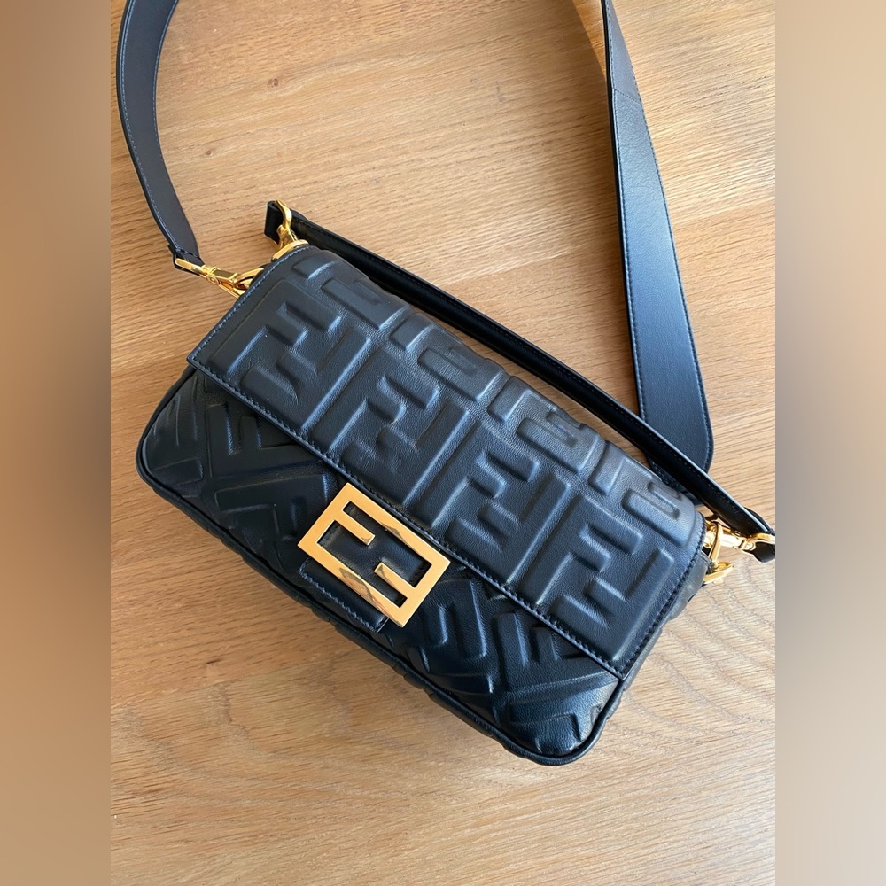 FENDI Baguette Genuine Nappa FF Leather Black